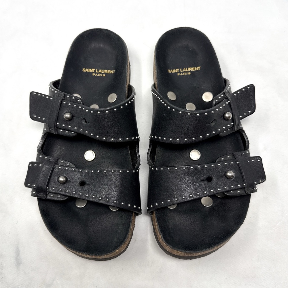 Saint Laurent Paris YSL Jimmy Studded Leather Strap Flat Slide Sandals Black 36